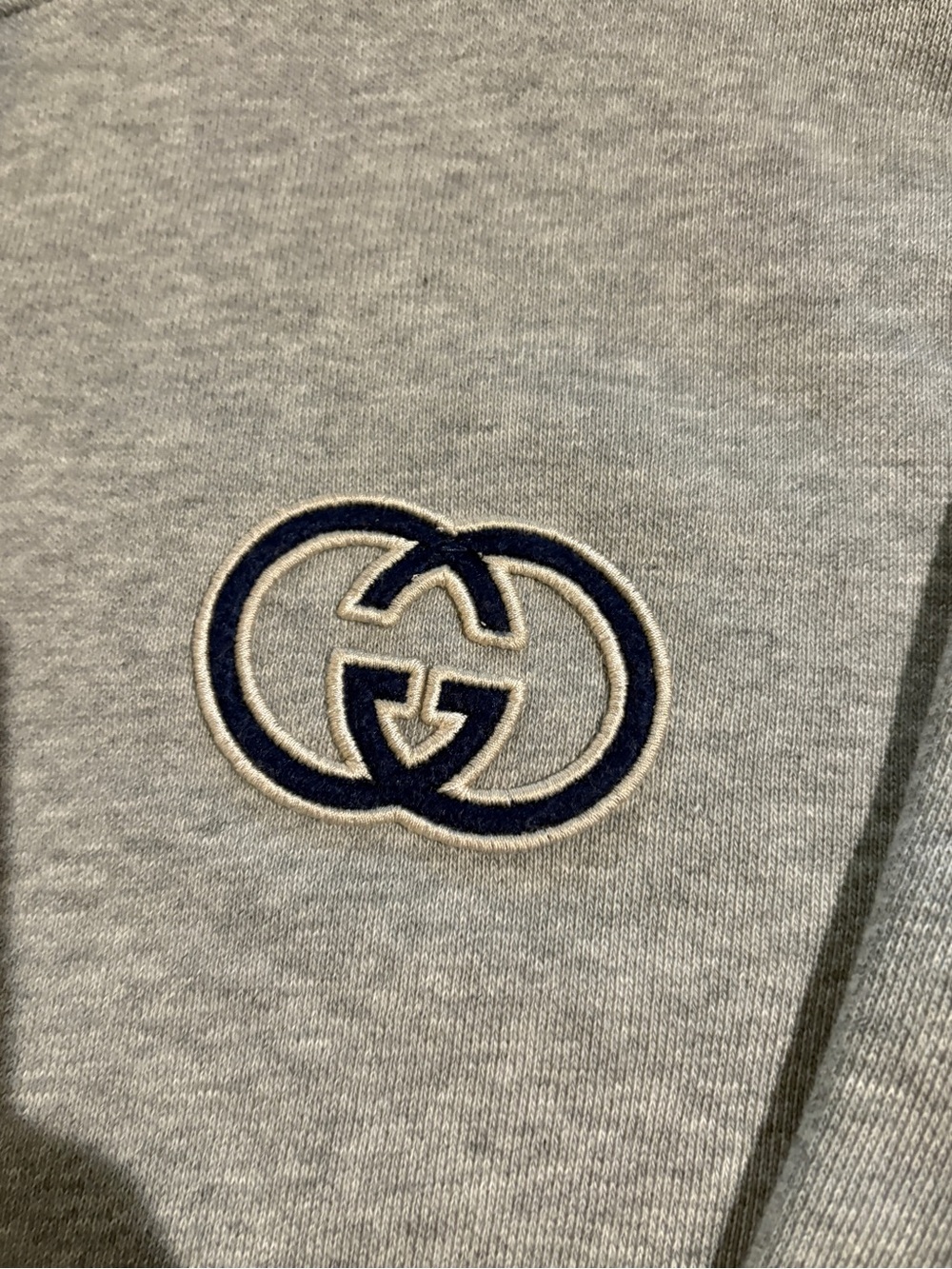 Gucci Gray Hooded Sweater with Navy and White Embroidered Logo